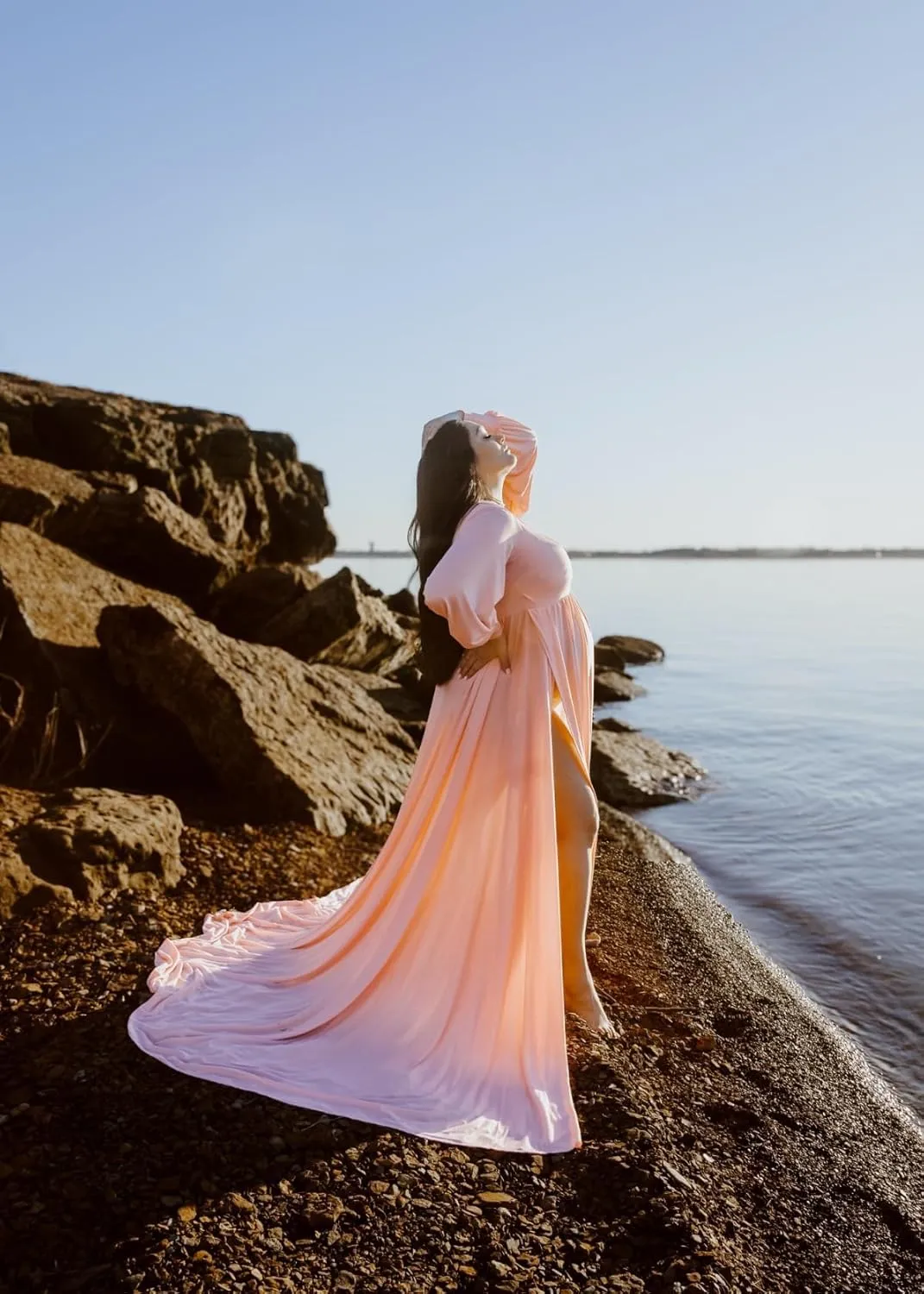 Dedysler Maternity Gowns Long Sleeves Baby Shower Dress for Photoshoot Wrap Split Sweetheart Maxi Photography
