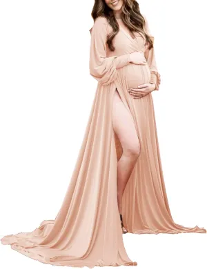 Dedysler Maternity Gowns Long Sleeves Baby Shower Dress for Photoshoot Wrap Split Sweetheart Maxi Photography