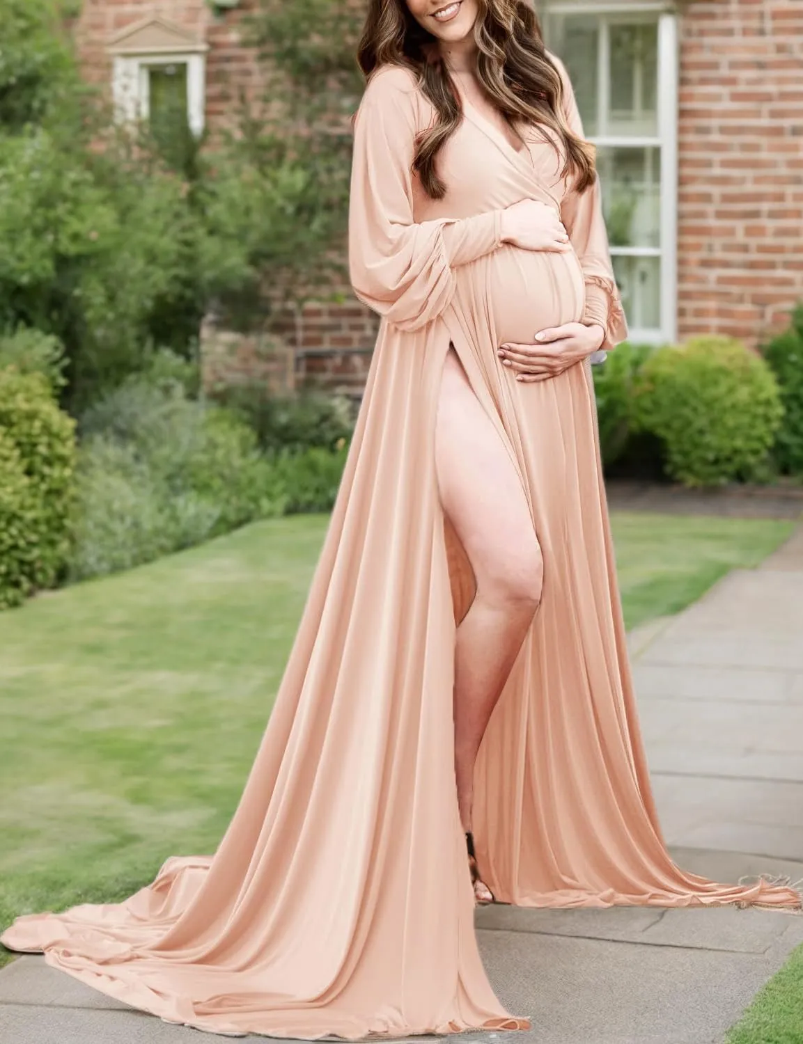 Dedysler Maternity Gowns Long Sleeves Baby Shower Dress for Photoshoot Wrap Split Sweetheart Maxi Photography