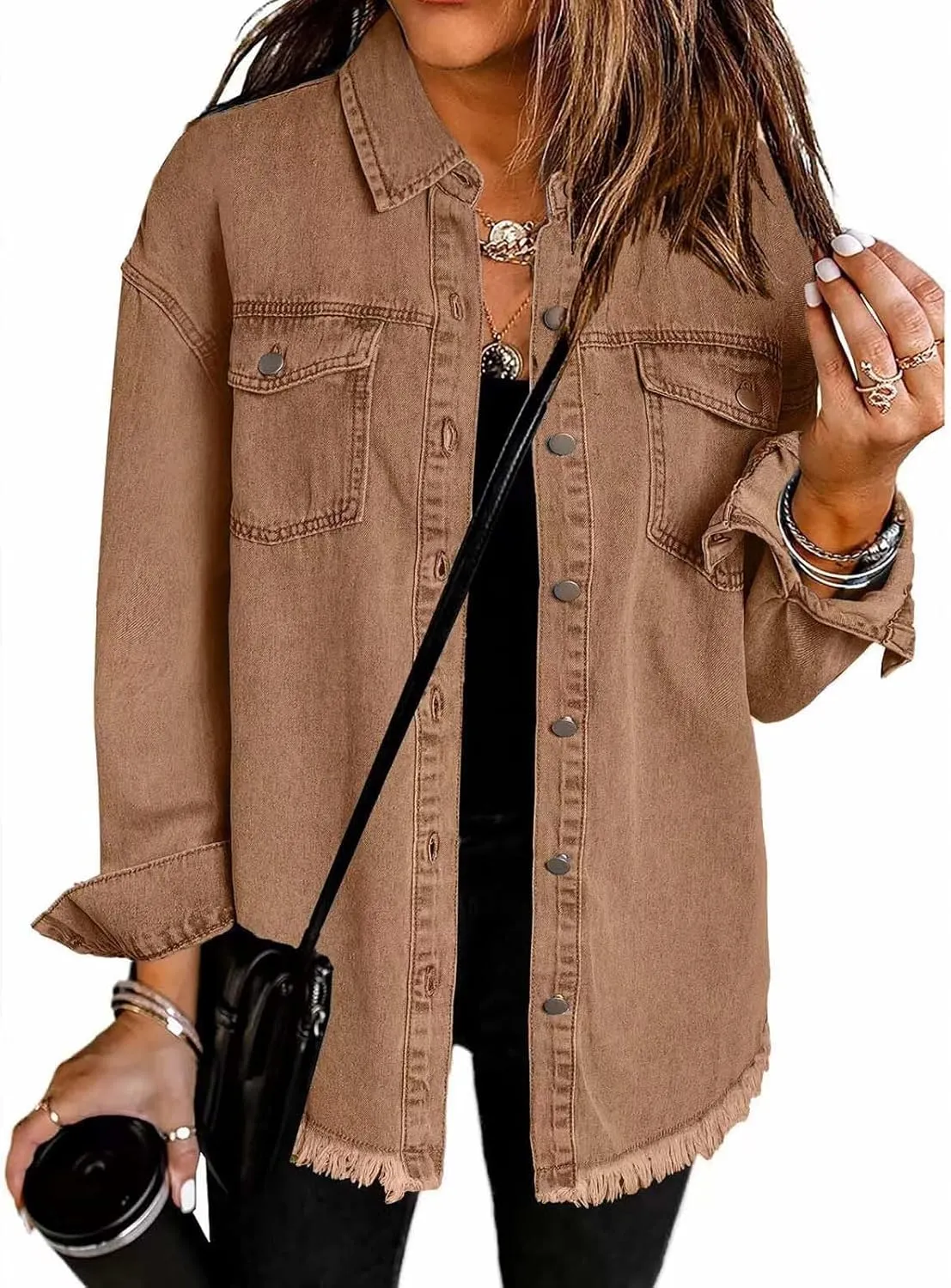 Denim Jackets for Women Trendy Long Sleeve Button Down Shirt Jacket Jean Shacket Pocket Western Work Jacket Oversized