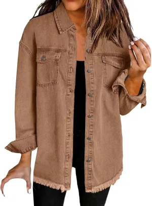 Denim Jackets for Women Trendy Long Sleeve Button Down Shirt Jacket Jean Shacket Pocket Western Work Jacket Oversized