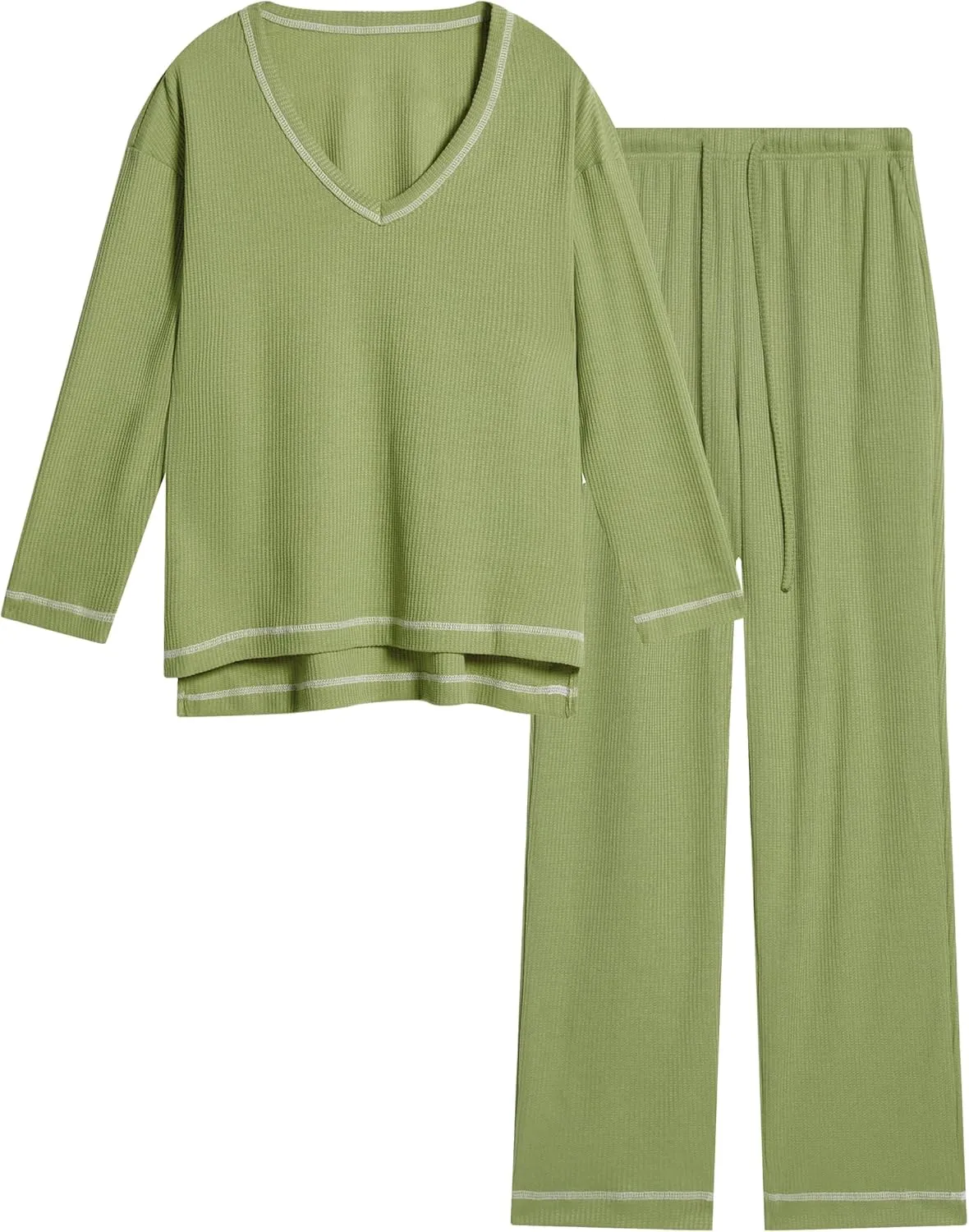 difficort Womens Waffle Knit Pajama Sets Long Sleeve Lounge Sets 2 Piece Pjs Outfit Loungewear Sleepwear with Pockets