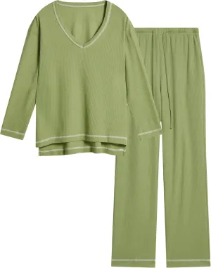 difficort Womens Waffle Knit Pajama Sets Long Sleeve Lounge Sets 2 Piece Pjs Outfit Loungewear Sleepwear with Pockets