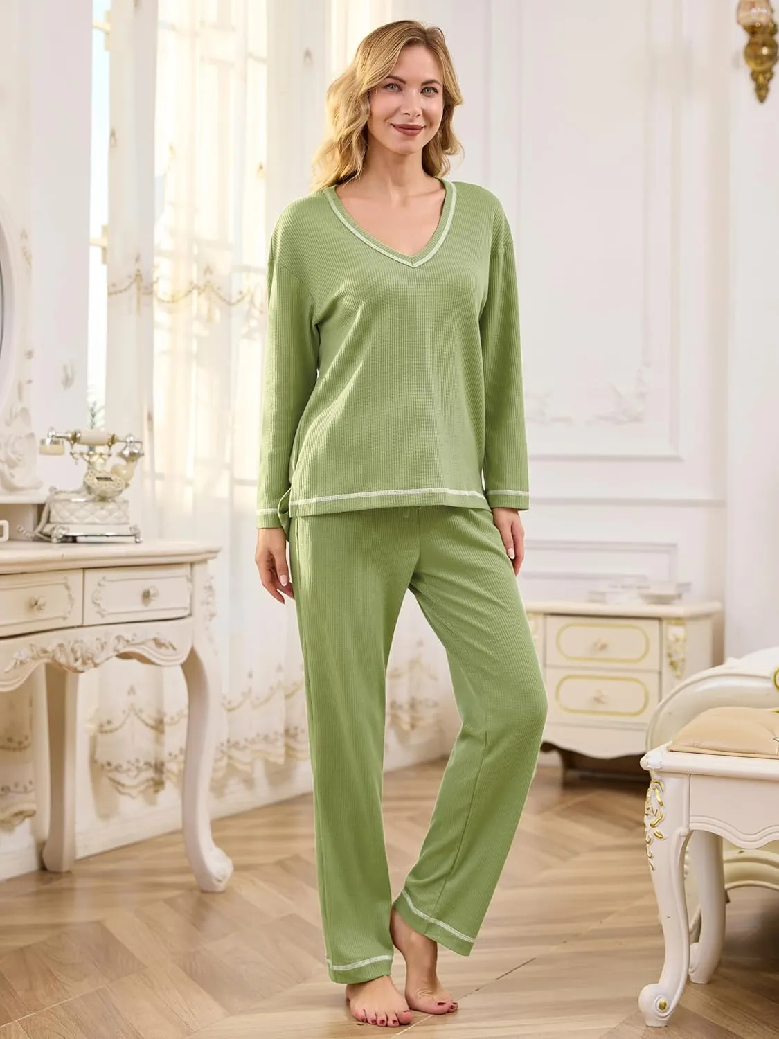 difficort Womens Waffle Knit Pajama Sets Long Sleeve Lounge Sets 2 Piece Pjs Outfit Loungewear Sleepwear with Pockets