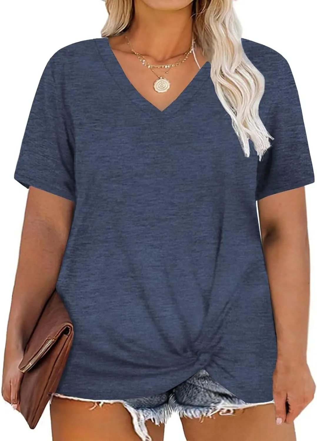 DOLNINE Women's Plus Size Knotted Tops Short Sleeve Tees Casual Tunics Blouses
