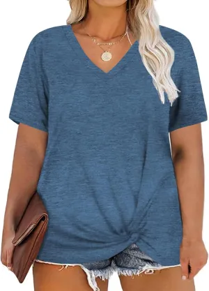 DOLNINE Women's Plus Size Knotted Tops Short Sleeve Tees Casual Tunics Blouses