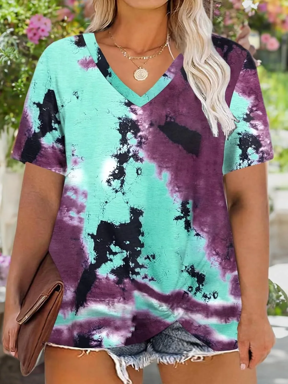 DOLNINE Women's Plus Size Knotted Tops Short Sleeve Tees Casual Tunics Blouses