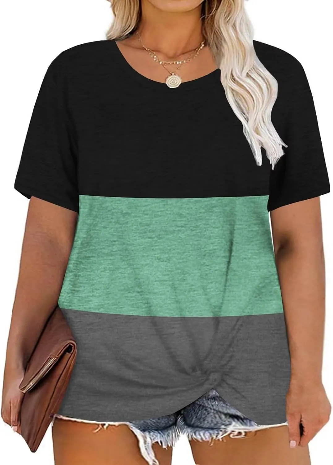 DOLNINE Women's Plus Size Knotted Tops Short Sleeve Tees Casual Tunics Blouses