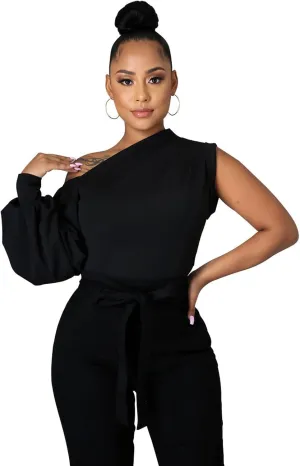Ekaliy Women Sexy One Shoulder Sleeveless Bodycon High Low Asymmetrical Ruffle Tunics Blouse Shirt Top Dress