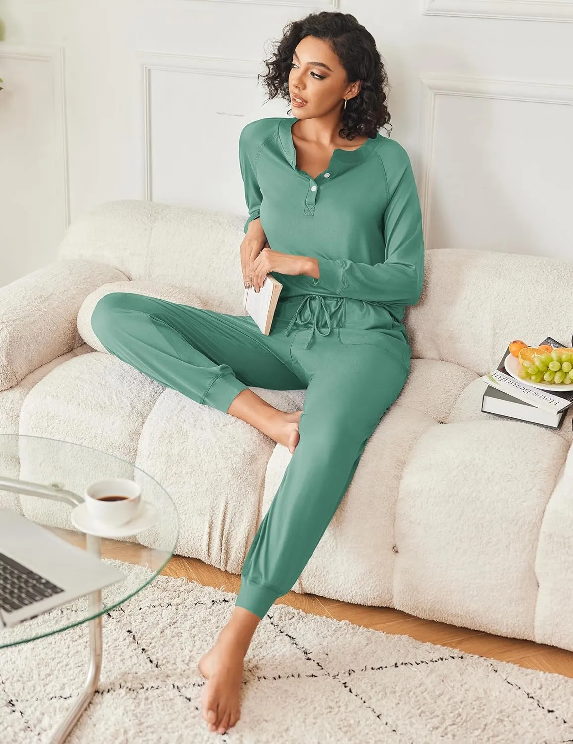 Ekouaer Womens Pajamas Long Sleeve Jogger Sets Comfy Pjs Soft Loungewear 2 Piece Lounge Sets with Pockets S-XXL