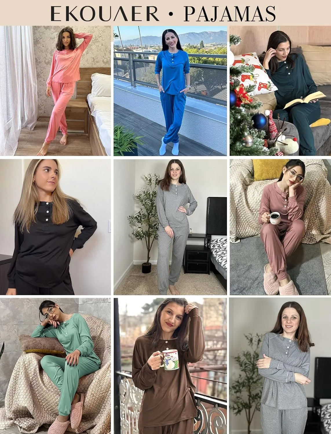 Ekouaer Womens Pajamas Long Sleeve Jogger Sets Comfy Pjs Soft Loungewear 2 Piece Lounge Sets with Pockets S-XXL
