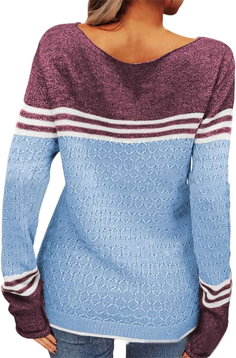Fall Sweaters for Women Trendy Casual Long Sleeve Color Block Round Neck Striped Slim Fit Pullover Jumper Tops