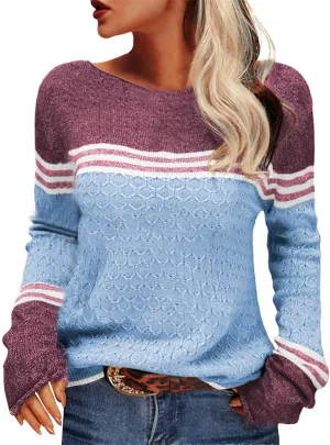 Fall Sweaters for Women Trendy Casual Long Sleeve Color Block Round Neck Striped Slim Fit Pullover Jumper Tops