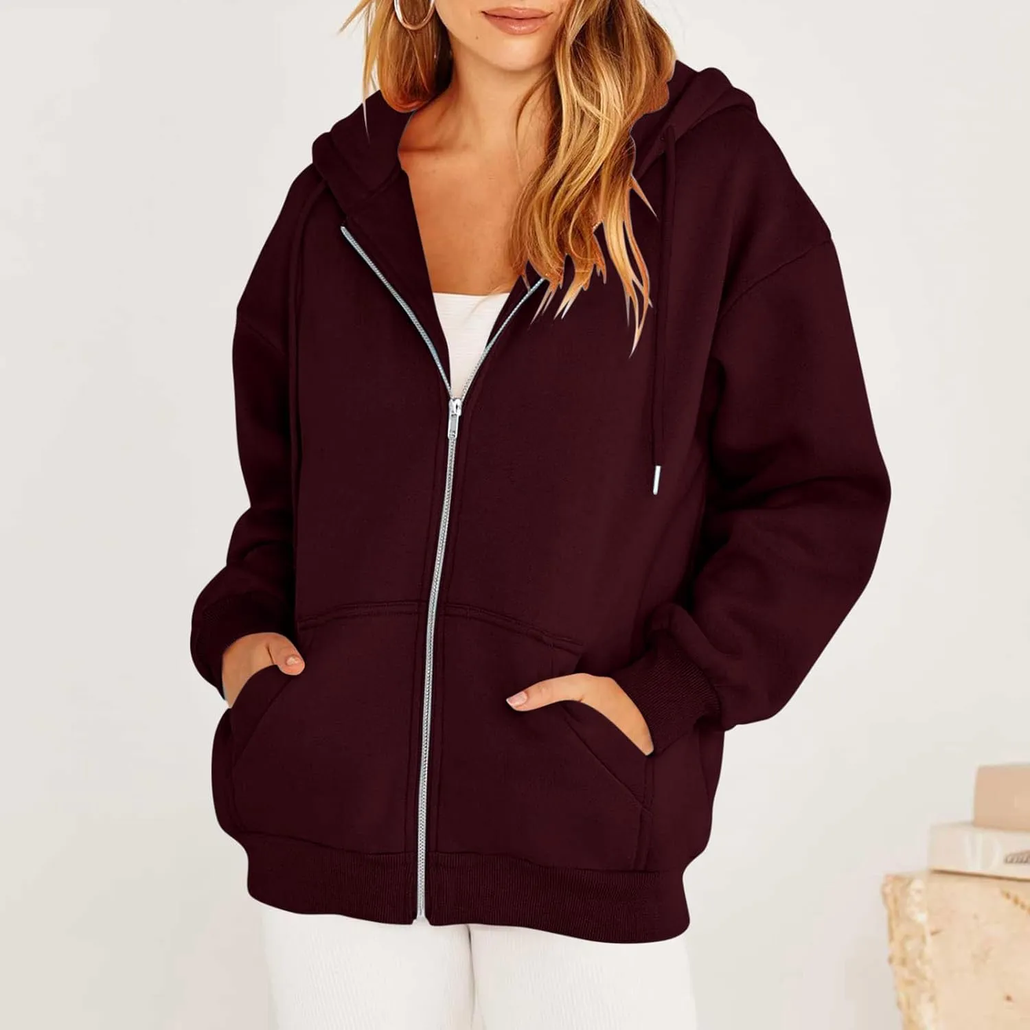 Fashion Sweatshirts for Women Zipper Open Front Y2K Hoodies Long Sleeve Fleece Pockets Hodded Sweatshirts Coats