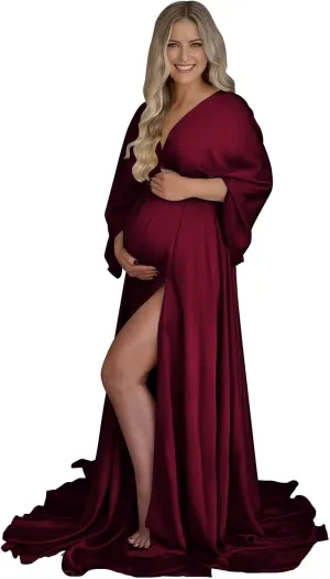 Fivsole Long Sleeve Maternity Dress for Photoshoot Pregnancy Gowns Plus Size Satin Baby Shower Dress