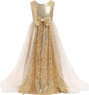 Flower Girls Sequin Dress Sleeveless Glitters Princess Tulle Long Maxi Dress Pageant Birthday Wedding Party Gown