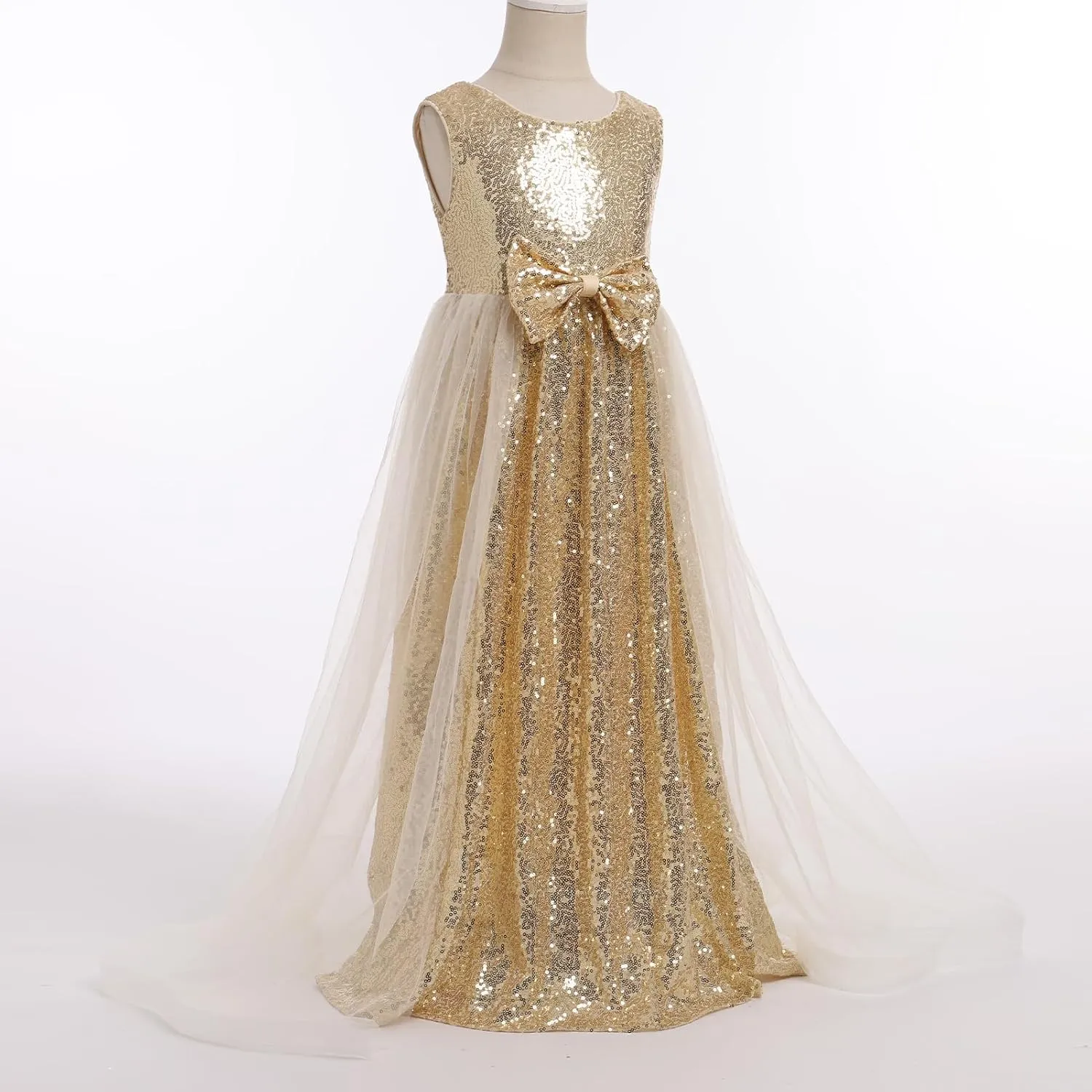Flower Girls Sequin Dress Sleeveless Glitters Princess Tulle Long Maxi Dress Pageant Birthday Wedding Party Gown