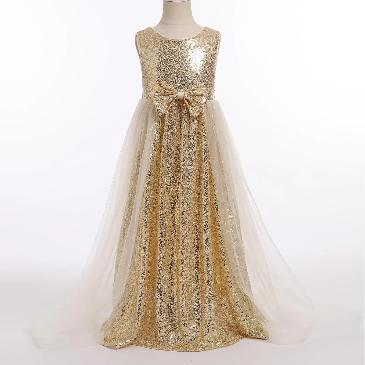 Flower Girls Sequin Dress Sleeveless Glitters Princess Tulle Long Maxi Dress Pageant Birthday Wedding Party Gown