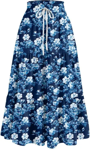 Flower Maxi Skirts for Women Summer Comfy A-Line Flowy Swing Tiered Skirt Trendy Vacation Beach Clothes