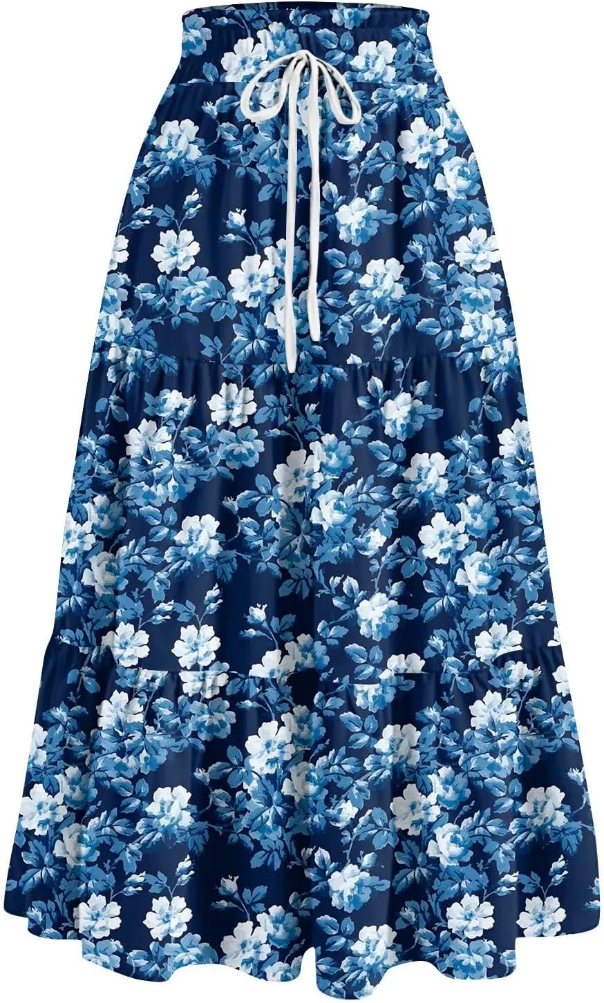 Flower Maxi Skirts for Women Summer Comfy A-Line Flowy Swing Tiered Skirt Trendy Vacation Beach Clothes