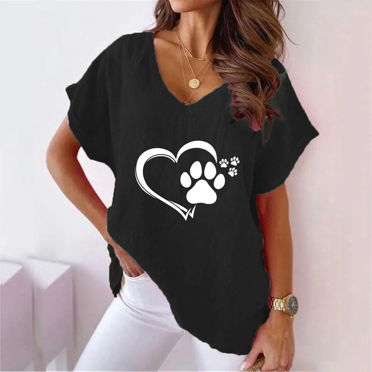 Funny Cute Dog Paw Heart Print Tee Shirts for Women Loose Fit V Neck Short Sleeve Cotton Linen T Shirts Dog Lover Summer Tops