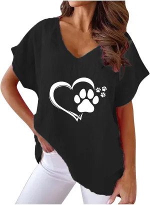 Funny Cute Dog Paw Heart Print Tee Shirts for Women Loose Fit V Neck Short Sleeve Cotton Linen T Shirts Dog Lover Summer Tops