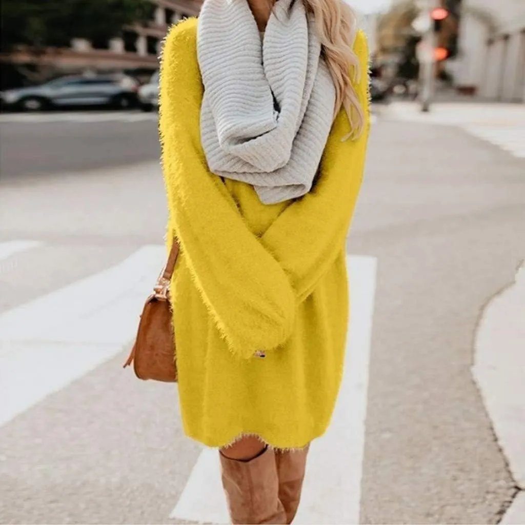 Furry Sweater Dress 2024 Women Fuzzy Fleece Sweatshirts Oversize Warm Winter Comfy Soft Plush Pullover Jumper Dresses