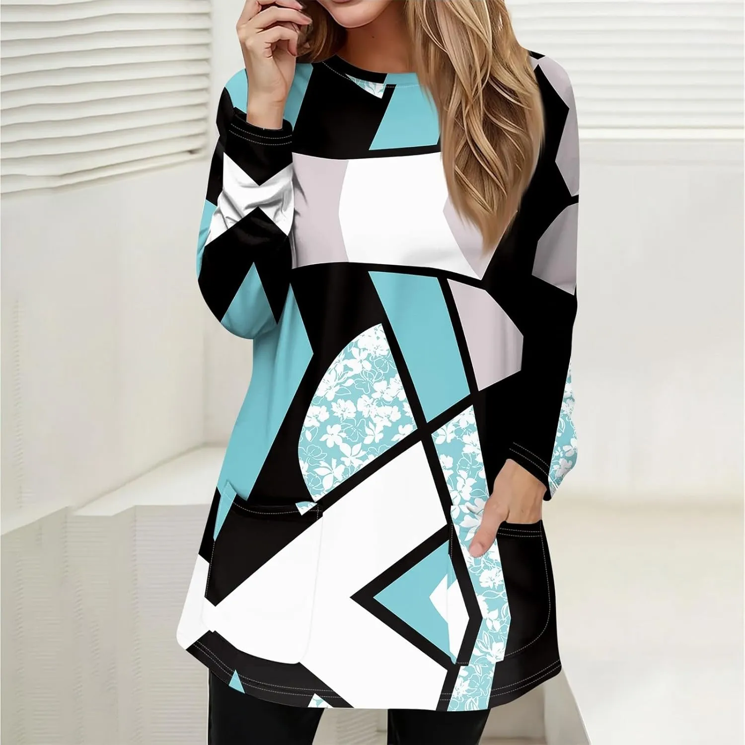 GOFULY Womens Dressy Tunic Tops Long Sleeve Crewneck Work Shirts Fall Elegant Blouses Solid Casual Winter Outfit with Pockets
