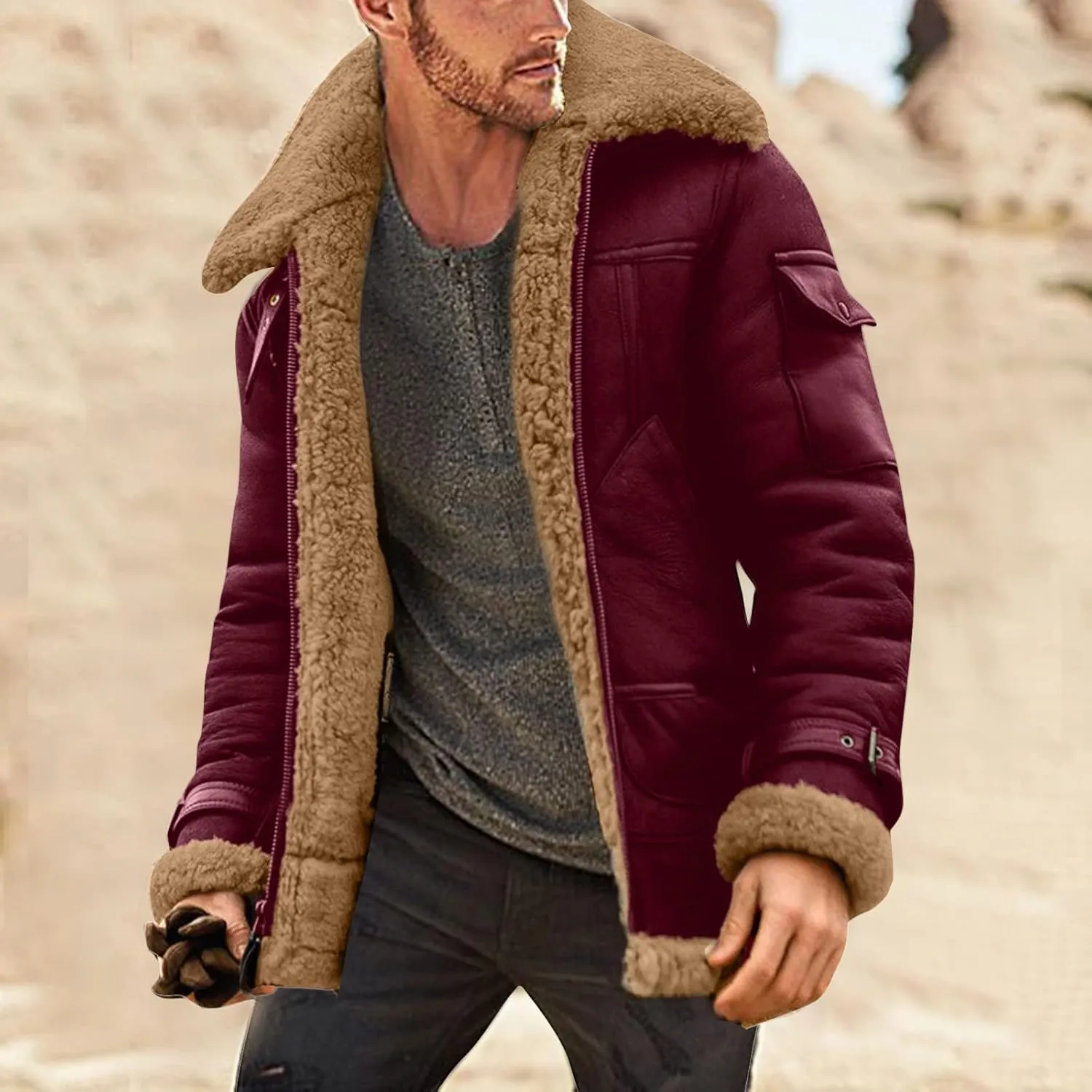 GOKKILRW Mens Casual Fleece Sherpa Lined Suede Leather Trucker Jackets Casual Western Faux Shearling Sheepskin Bomber Jacket