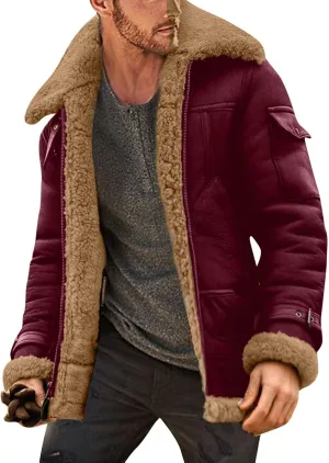GOKKILRW Mens Casual Fleece Sherpa Lined Suede Leather Trucker Jackets Casual Western Faux Shearling Sheepskin Bomber Jacket