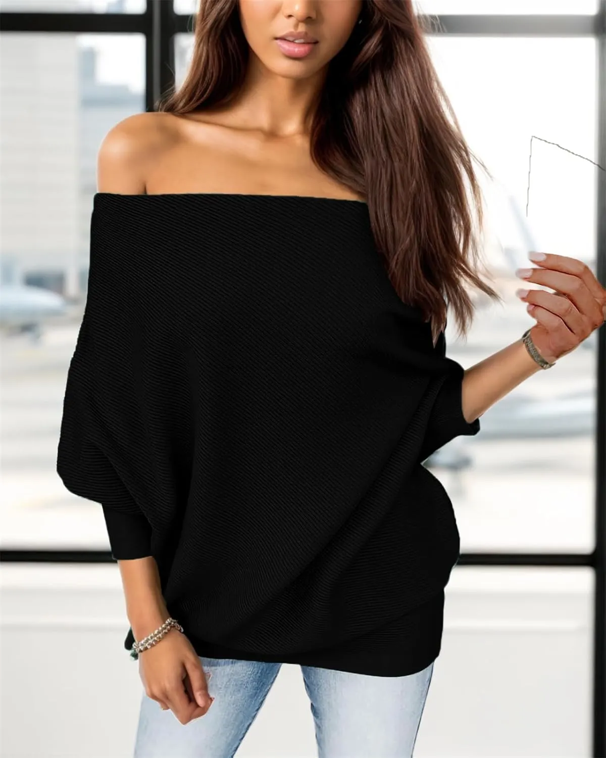 GOLDSTITCH Women's Off Shoulder Batwing Sleeve Loose Pullover Sweater Knit Jumper Oversized Tunics Top
