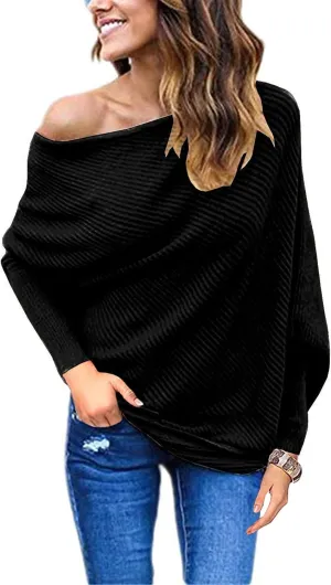 GOLDSTITCH Women's Off Shoulder Batwing Sleeve Loose Pullover Sweater Knit Jumper Oversized Tunics Top