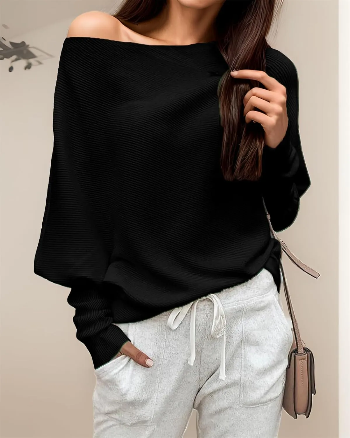 GOLDSTITCH Women's Off Shoulder Batwing Sleeve Loose Pullover Sweater Knit Jumper Oversized Tunics Top