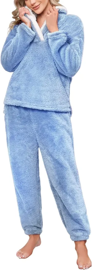 HEEKPEK Womens Pajamas Warm Fleece Pajamas Set Pullover Pants Loose Loungewear Sherpa Hoodie Sleepwear Winter Clothes