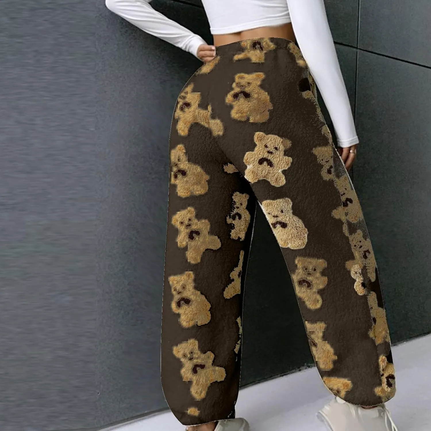 HGps8w Women's Cute Bear Plush Pajama Pants, Soft Fluffy Fleece Warm Pjs Bottoms Sleepwear Winter Comfy Fuzzy Lounge Pants
