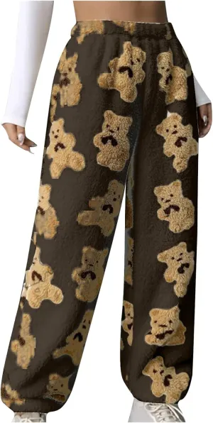 HGps8w Women's Cute Bear Plush Pajama Pants, Soft Fluffy Fleece Warm Pjs Bottoms Sleepwear Winter Comfy Fuzzy Lounge Pants