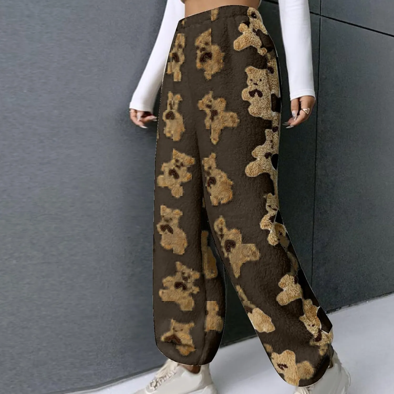 HGps8w Women's Cute Bear Plush Pajama Pants, Soft Fluffy Fleece Warm Pjs Bottoms Sleepwear Winter Comfy Fuzzy Lounge Pants