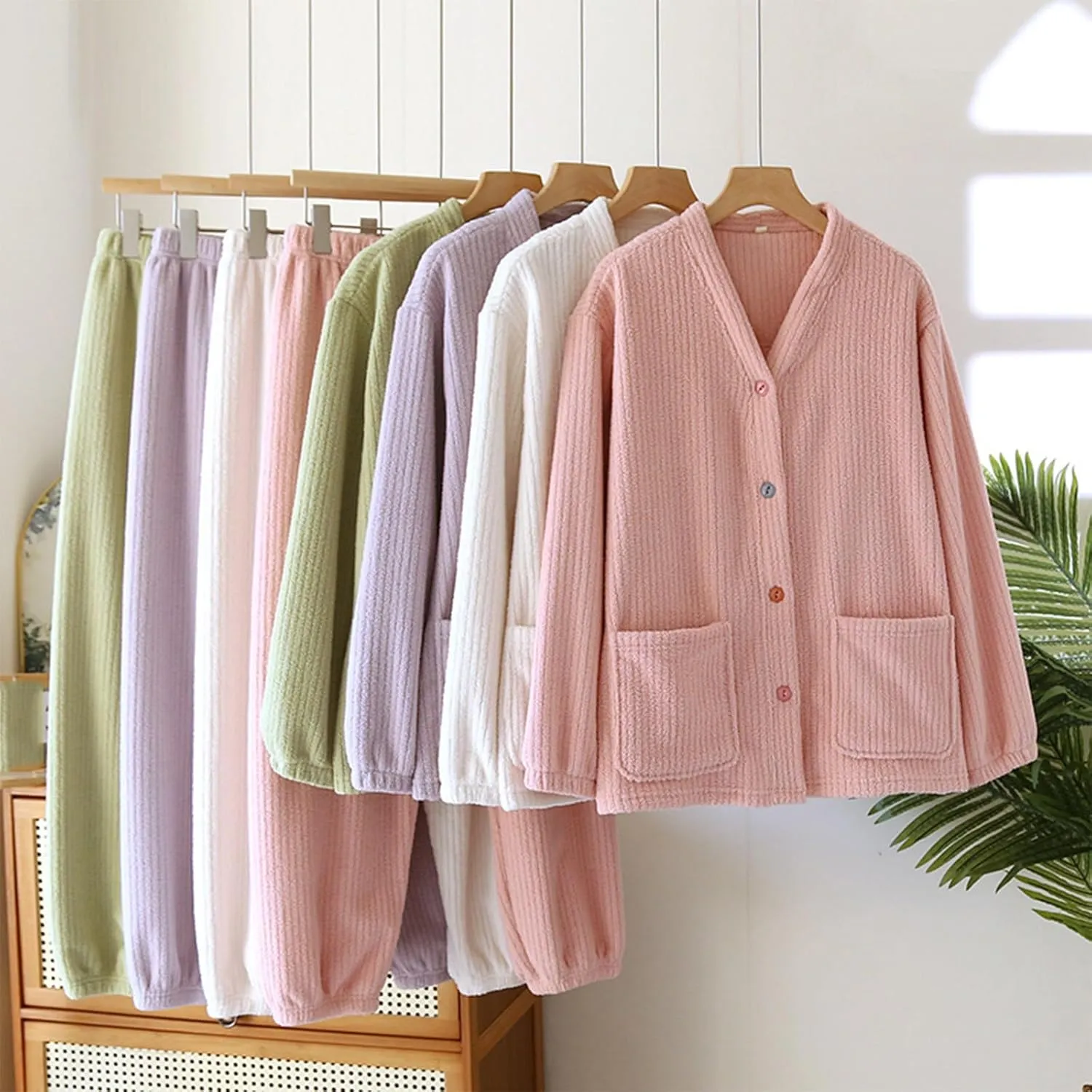 HGps8w Women's Fuzzy Fleece Winter Pajama Sets - Button V Neck Long Sleeve Sleepwear Comfy Fuffy Plush Pants Lounge Pjs