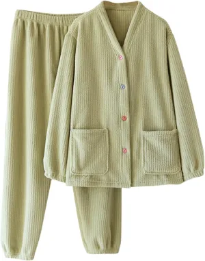 HGps8w Women's Fuzzy Fleece Winter Pajama Sets - Button V Neck Long Sleeve Sleepwear Comfy Fuffy Plush Pants Lounge Pjs