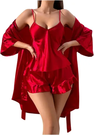 HGps8w Women's Satin Slik 3 Piece Sleepwear, Open Front Cardigan & V Neck Cami Top & Shorts Sexy Loungewear Pajamas Sets