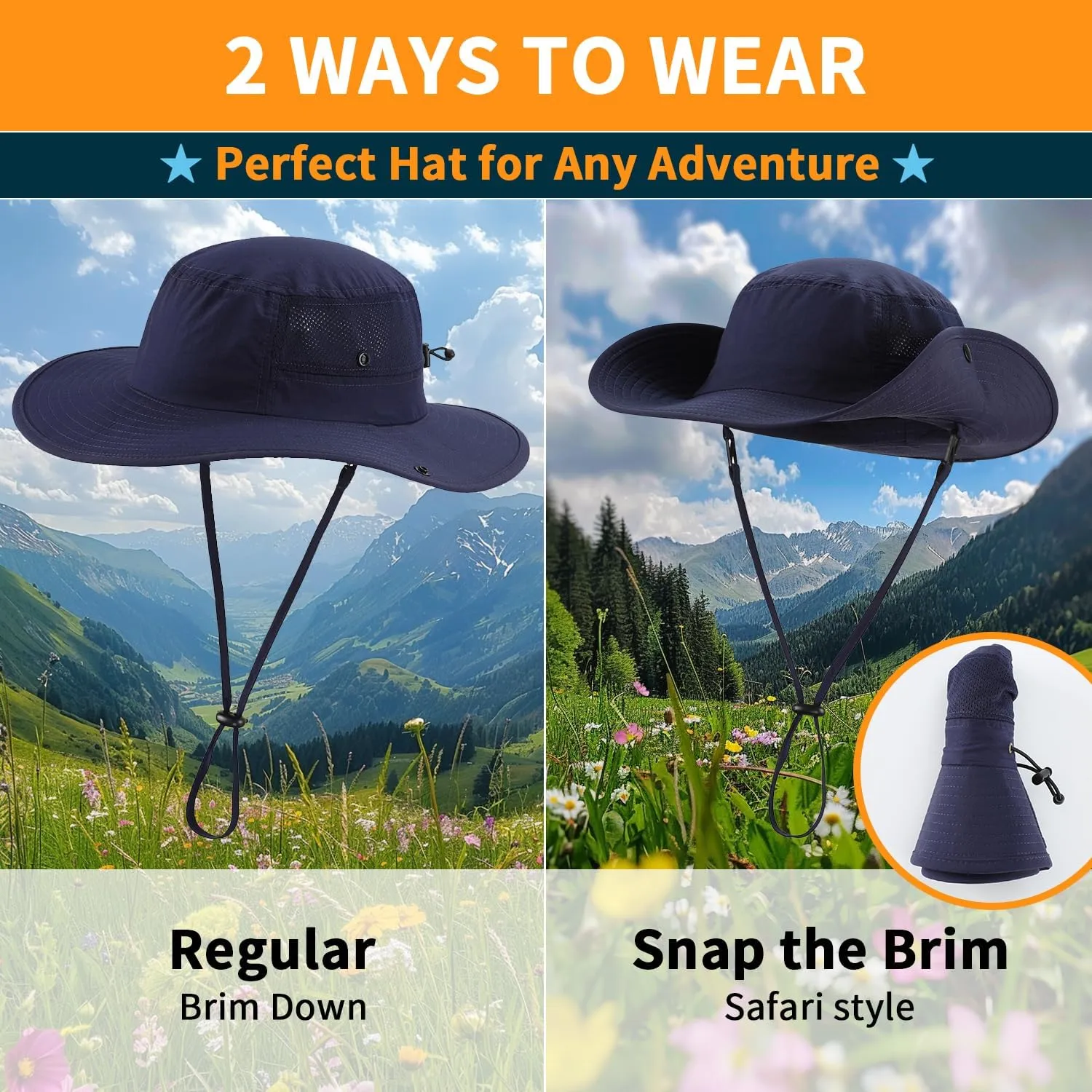 Home Prefer UPF50  Mens Sun Hat Wide Brim Womens UV Protection Beach Bucket Hat Airy Fishing Hat Hiking Snap Up Cowboy Hat