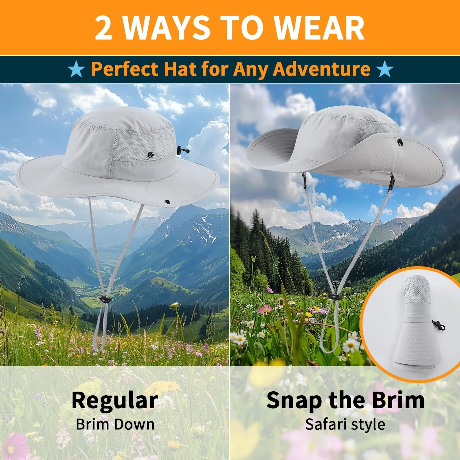 Home Prefer UPF50  Mens Sun Hat Wide Brim Womens UV Protection Beach Bucket Hat Airy Fishing Hat Hiking Snap Up Cowboy Hat