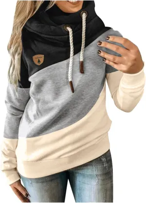 Hooded Sweatshirts Women Plus Size Colorblock Patchwork String Hoodies Casual Comfy Pullover Tunics Sweater Fashion
