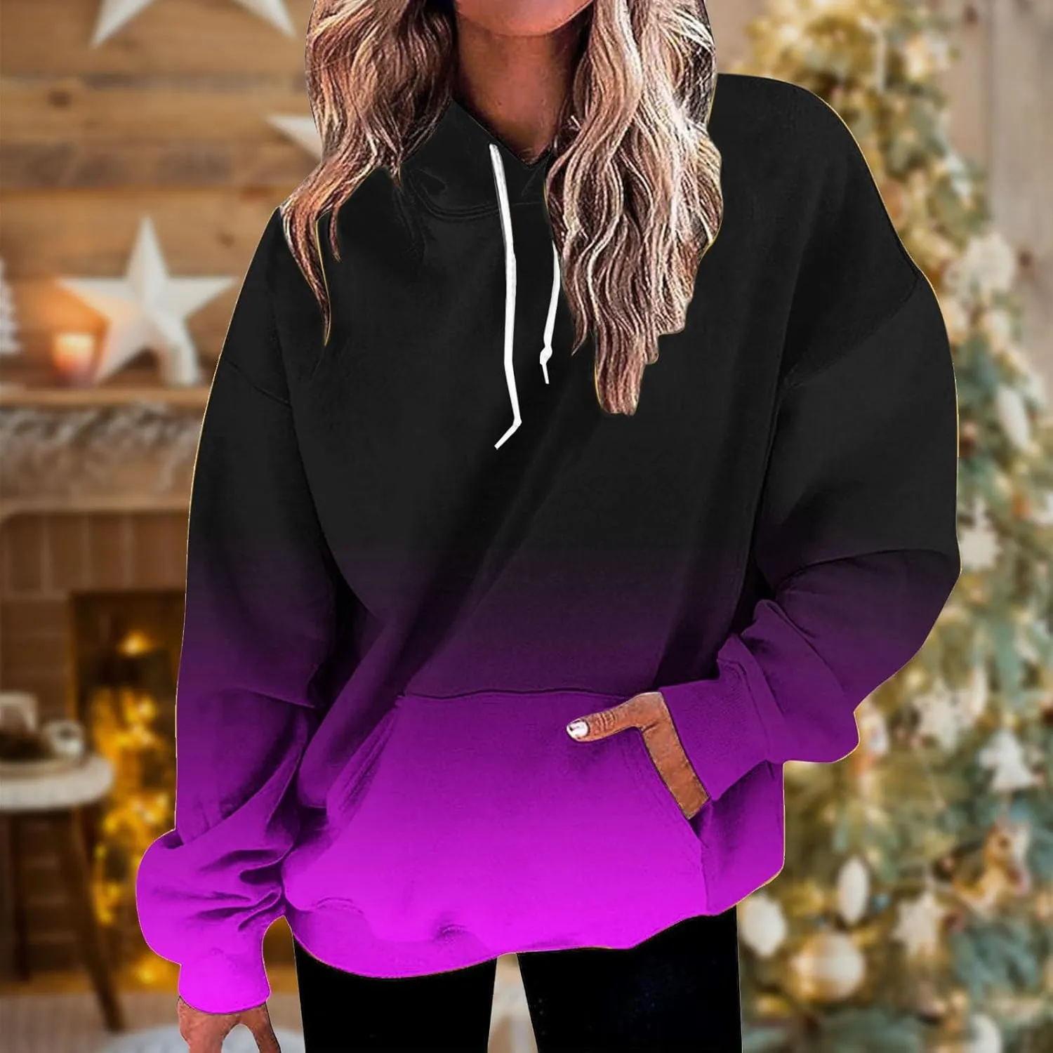 Hoodies For Women 2024 Causal Fall Fashion Oversized Hooded Sweatshirt Gradient Color Drawstring Pullover Hoodie