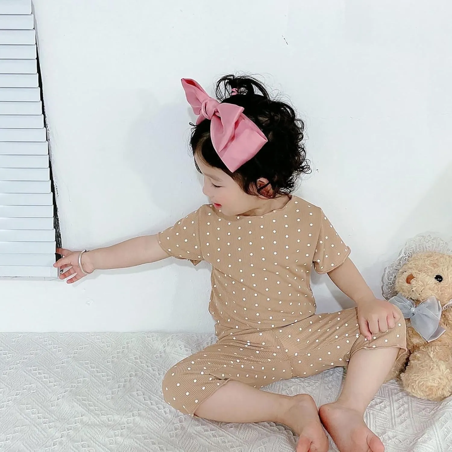 Infant Baby Girls Soft Cotton 𝐏a𝐣amas Set Short Sleeve Ruffle 𝐒lee𝐩wear & Long Pants Kids Ribbed 𝐋oun𝐠ewear 𝐍𝐢ghtwear