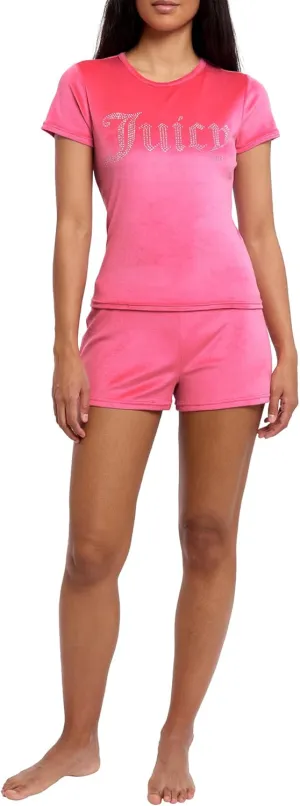 Juicy Couture Women's 2 Piece Velvet Fleece Short Sleeve Shirt and Pajama Shorts Lounge Sleepwear Set