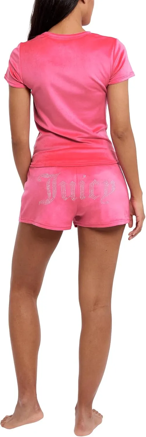 Juicy Couture Women's 2 Piece Velvet Fleece Short Sleeve Shirt and Pajama Shorts Lounge Sleepwear Set