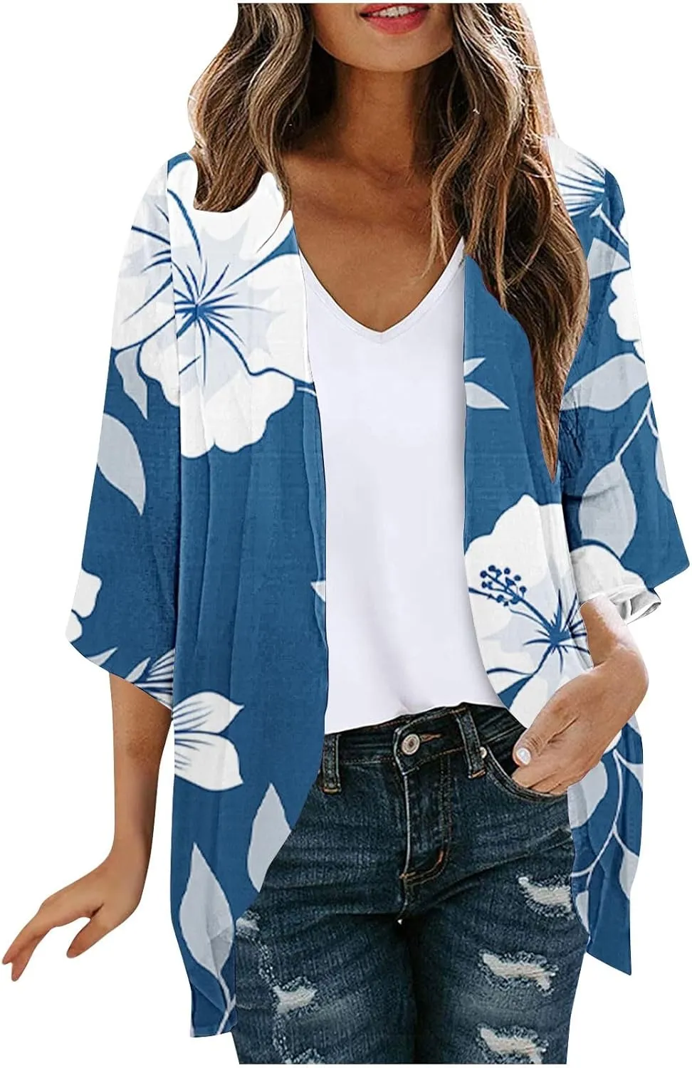 Kimono Cardigans for Women Lightweight Bathing Suit Cover Up 3/4 Sleeve Cardigan Summer Vacation Outfits