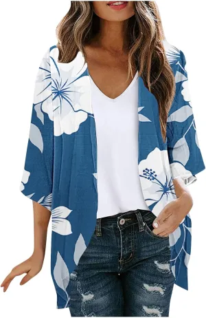 Kimono Cardigans for Women Lightweight Bathing Suit Cover Up 3/4 Sleeve Cardigan Summer Vacation Outfits