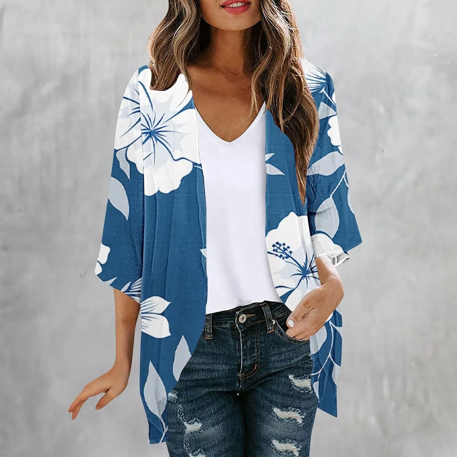Kimono Cardigans for Women Lightweight Bathing Suit Cover Up 3/4 Sleeve Cardigan Summer Vacation Outfits